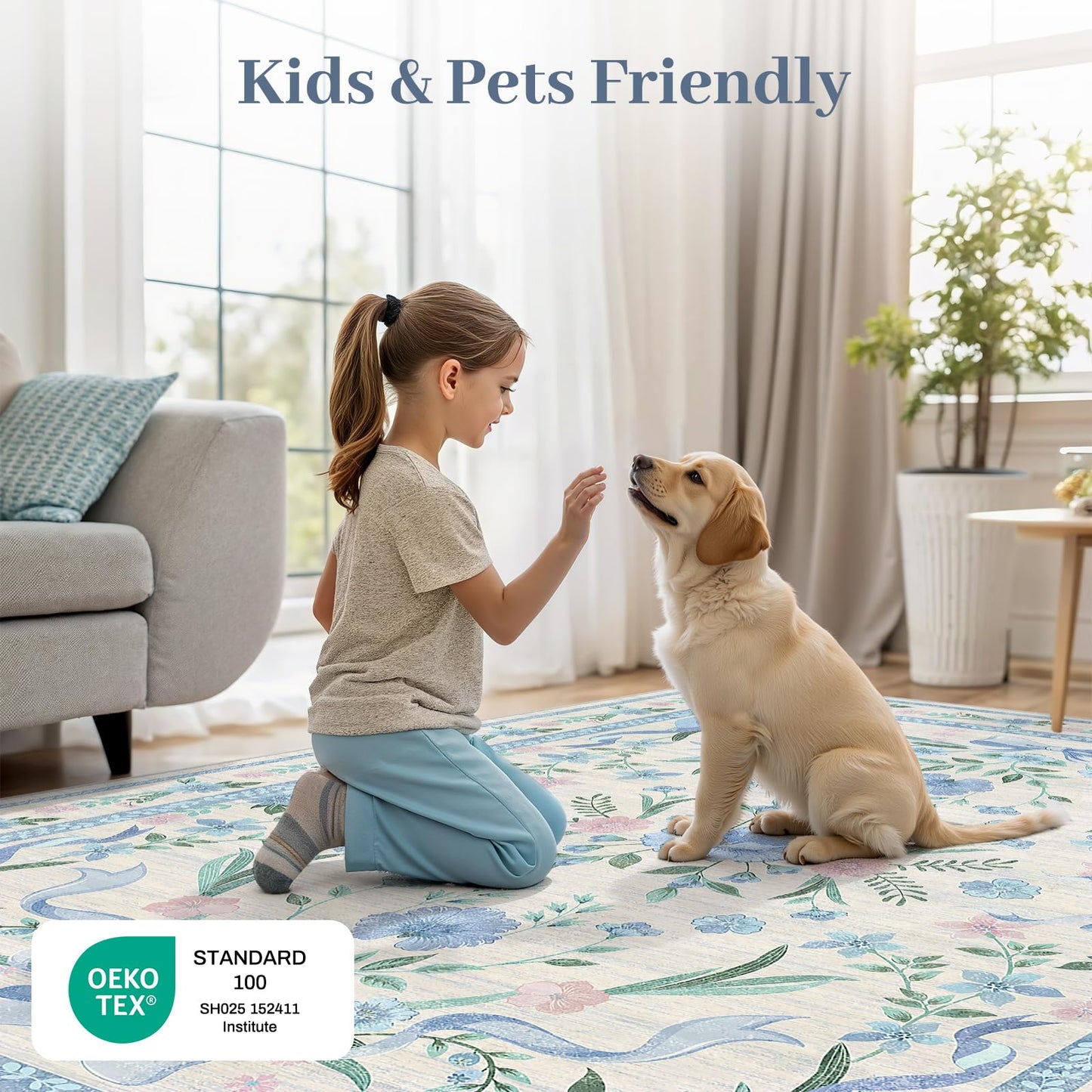 Blue Floral Rug 5x7 for Girls Bedroom or Nursery, Cute Bow Washable Area Rug, Ultra-Thin Non Slip Carpet for Kids Room, Dorm or Playroo