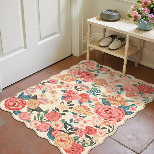 PureCozy Washable Floral Area Rug 2x3 Beige Small Entryway Carpet Scalloped Flower Non Slip Soft Entrance Door Mat Farmhouse Low Pile Indoor Thin Floor Cover for Bathroom Kitchen Bedroom Laundry Room