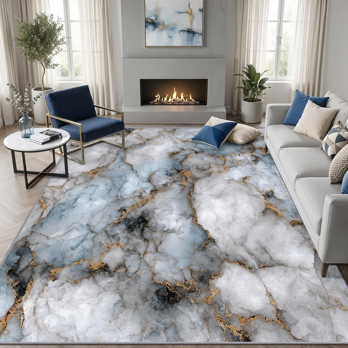 Aquailis Marble Rugs for Living Room - 2x3 Rug, Blue White Gold Marble Area Rug, Modern Abstract Washable Non Slip Soft Rugs, Luxury Agate Carpet, Contemporary Home Decor, Modern Gifts for Women