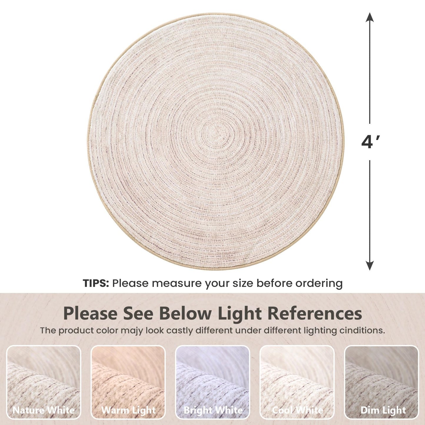 Asrug Imitation Jute Low Pile Round Rug Area Rug Washable Non-Slip Circle Rug Soft Plush Touch Circle Rugs Round for Kitchen Bathroom Living Bedroom Nursery, Carpet 4ft /48 inch/122 cm Khaki