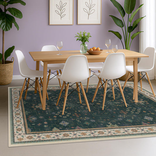 Hazo Haus Vintage Dark Green 7x9 Dining Room Rugs for Under Kitchen Table - Washable Livinig Room Rug - Unique Floral Pastel Low Pile Non-Slip Area Rugs for Bedroom