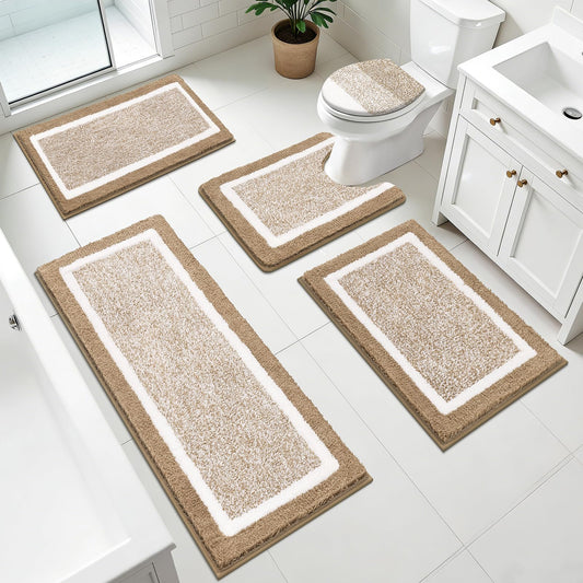 Pauwer Bathroom Rugs Sets 5 Piece Soft Absorbent Microfiber Bath Mat Set Non Slip Machine Washable Rug Plush Shaggy Bath Mats for Bathroom Decor Floor Toilet Tub and Shower, Khaki