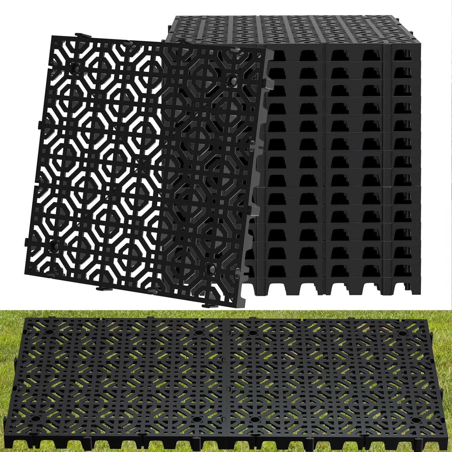 15 Pcs 15.7" x 15.7" Heavy Duty Ground Protection Mats, Interlocking Non-Slip Floor Mat, Heavyweight Gravel Grid Drive on Lawn, 6613 lb Load Permeable Paver for Parking, Outdoor Event Flooring, Black