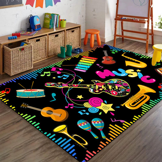PLMHXC Musical Notes Musical Elements Printed Area Rug, 3x4ft, Guitar Drum Music Keyboard Classroom Playmat for Preschool, Durable Low Pile Fade Resistant Reduce Noise Rugs for Hallway Indoor