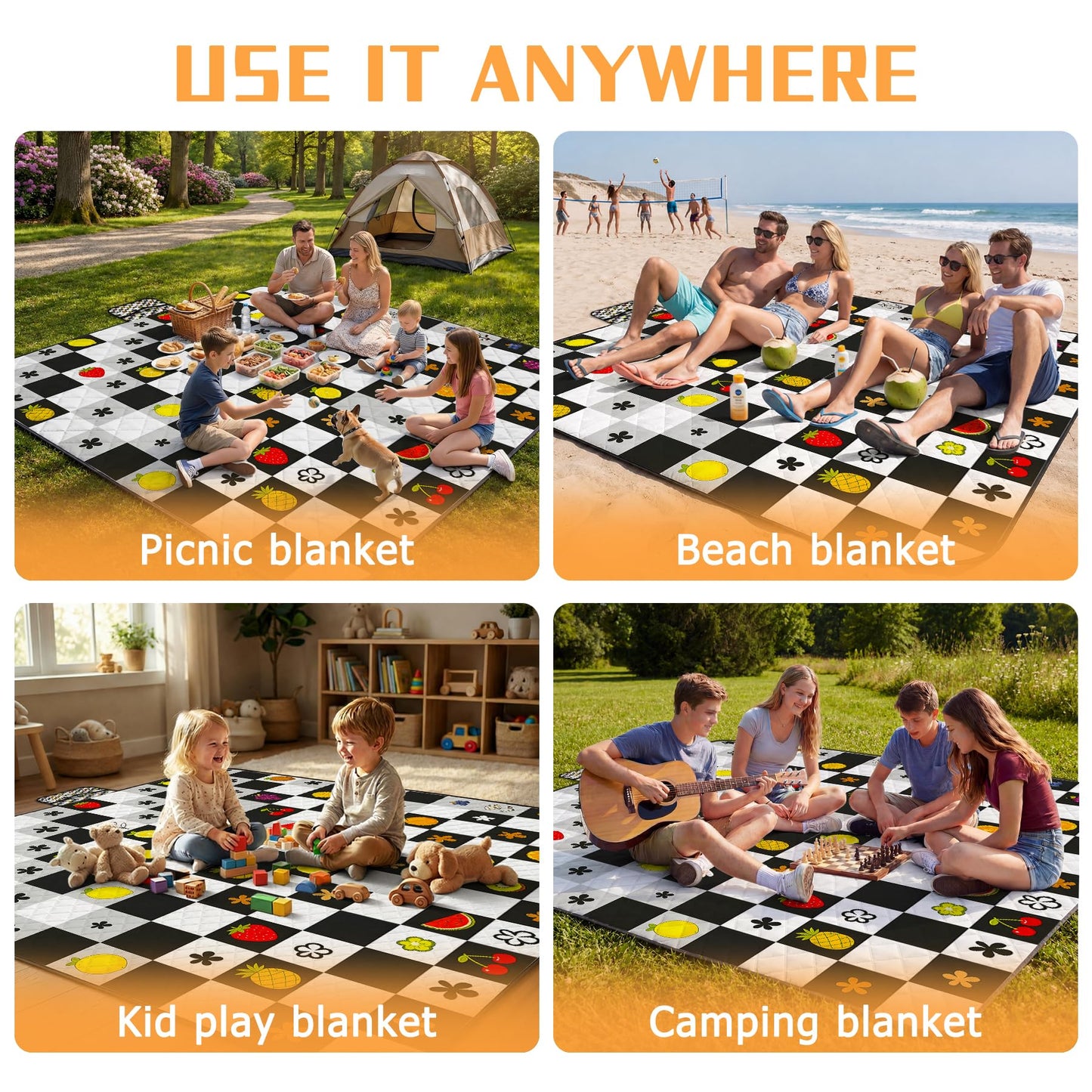 Alissgorat Picnic Blankets Outdoor Blanket,80"x 80" Extra Large Waterproof Sandproof Foldable Beach Blanket Grid Picnic Mat for Camping,Lawn,Park(Black)