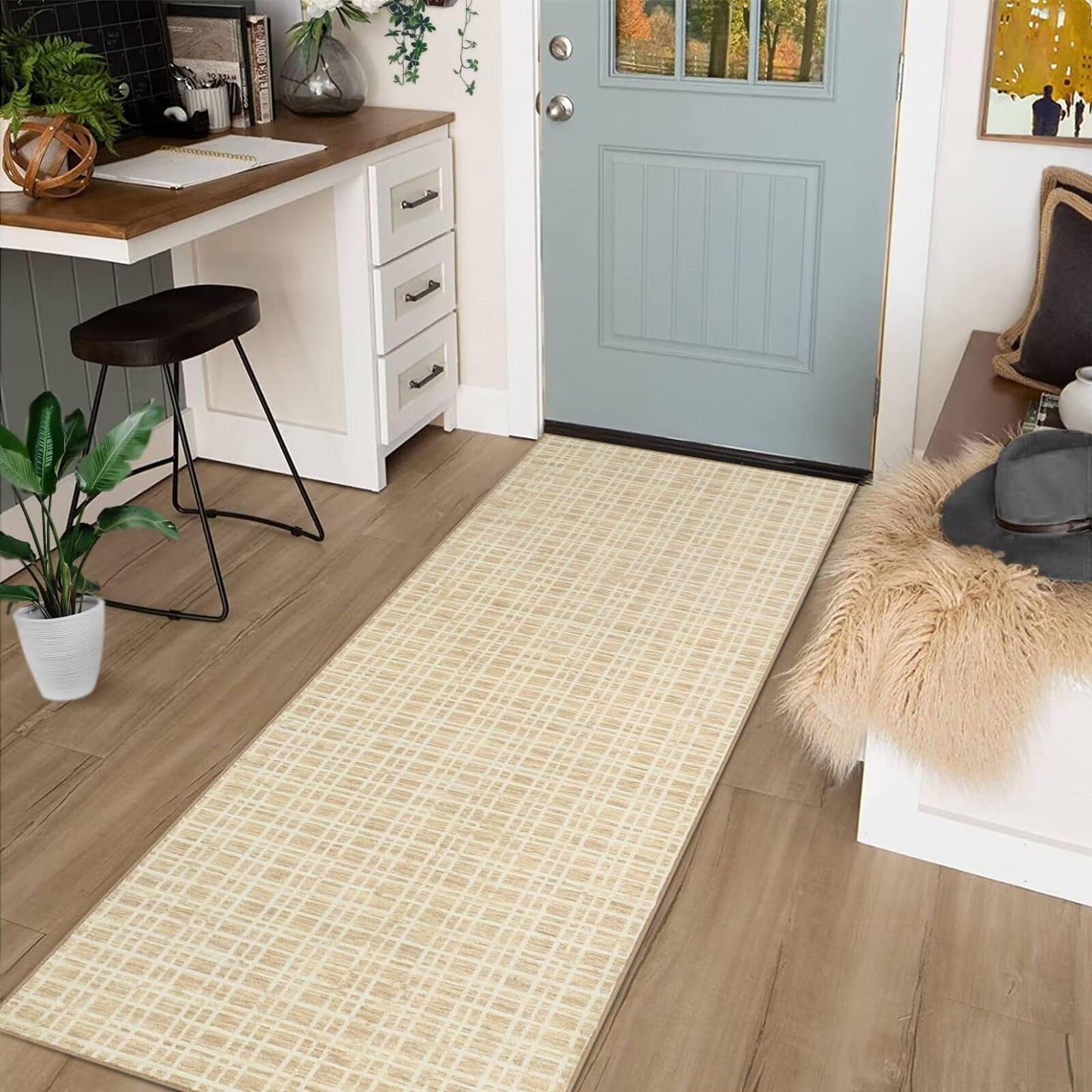 COZYLOOM Area Rug 2x6 Modern Runner Rug Abstract Entryway Runners Indoor Low Pile Lines Printed Hallway Runners Aesthetic Minimalist Bedroom Bedside Runner Rug Non-Slip Laundry Kitchen Runner Yellow