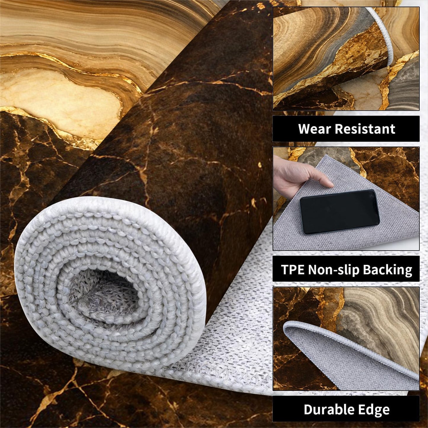 Earth Tone Brown Agate Marble Area Rug 3' x 4', Warm Beige Geode Printed Floor Carpet with Gold Accents, Non-Slip Low-Pile Washable Door Mat for Dining Room Kitchen Laundry Room Mudroom Farmhouse