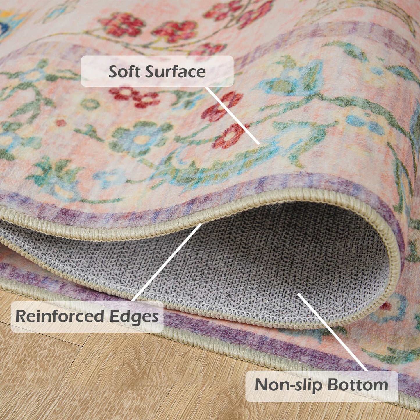 Goideal Pale Pink Rug for Girls Room, 4x6 Floral Washable Area Rug Non Slip, Boho Low Pile Carpet with Rubber Backing for Bedroom Living Room Bathroom Playroom Nursery Office