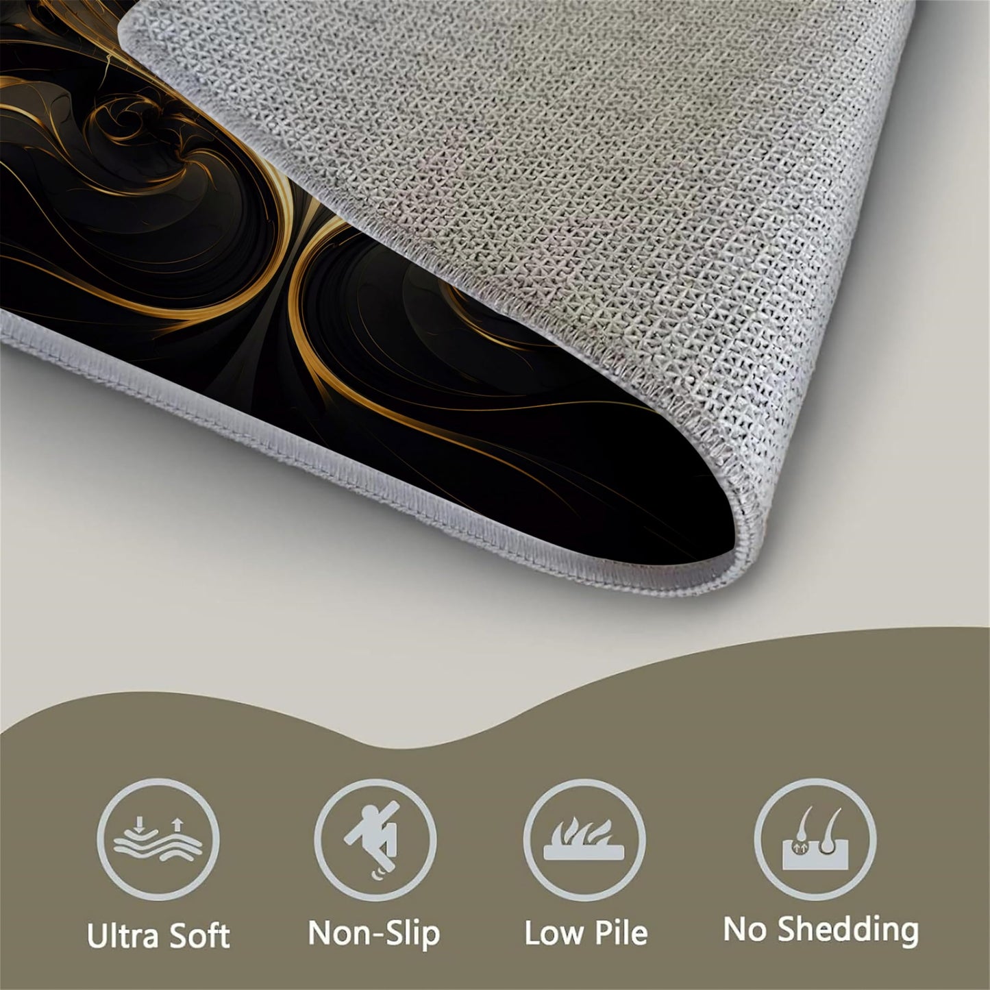 Black and Gold Ripple Rug, Gilt Heart, Soft Non-Shedding Washable Rugs with Non-Slip Backing, Low Pile Floor Mat Indoor Carpet 2x3ft
