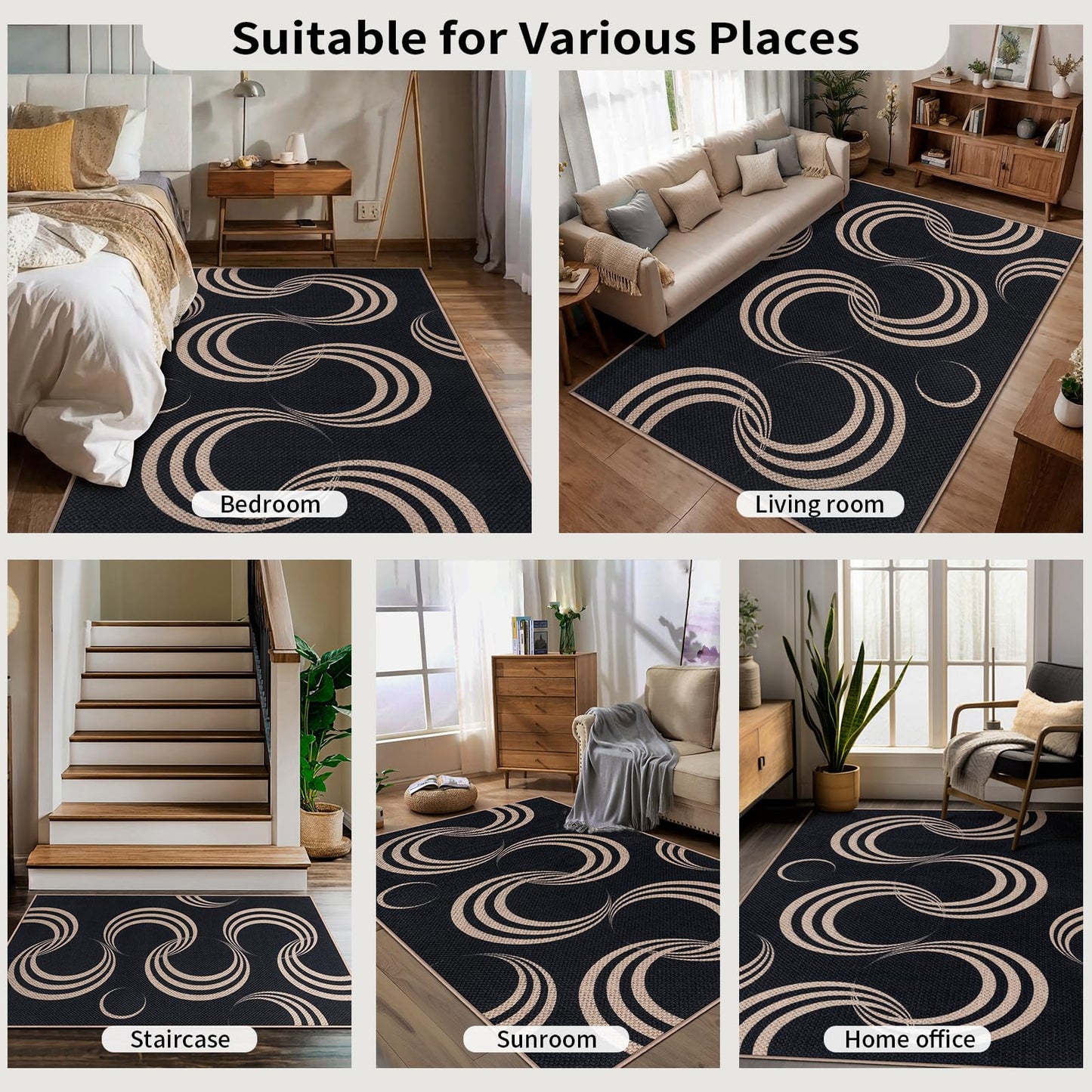 Tangsoo Easy Jute 2x6 Washable Runner Rug for Hallways,Non-Slip Black Outdoor Rug Runner,Modern Farmhouse Thin Carpet Runner for Porch Laundry Bedroom Kitchen Entryway
