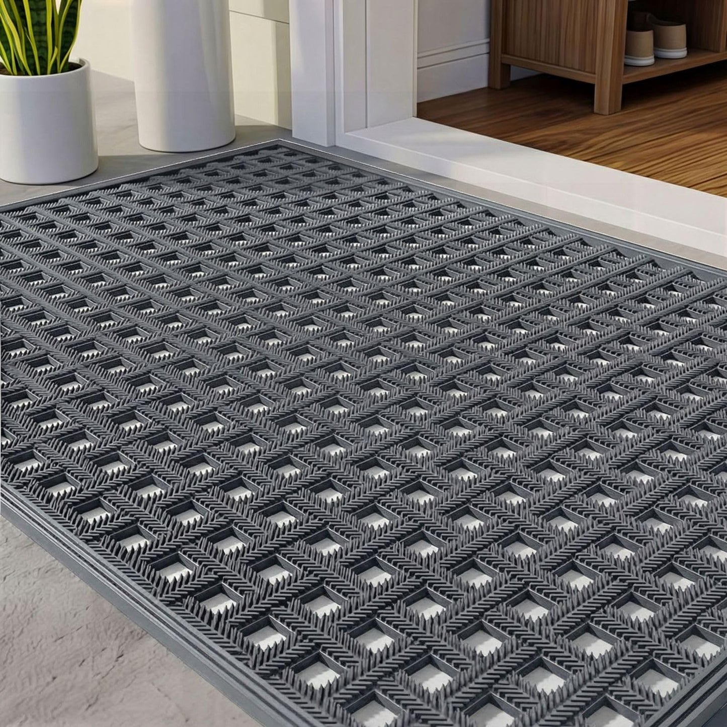 Bulijojo Front Door Mat Entrance with Drainage,24x36 Rubber Heavy Duty Dirt Trapper Waterproof Welcome Mat, All Weather for Front Back Door Patio Entryway Grey