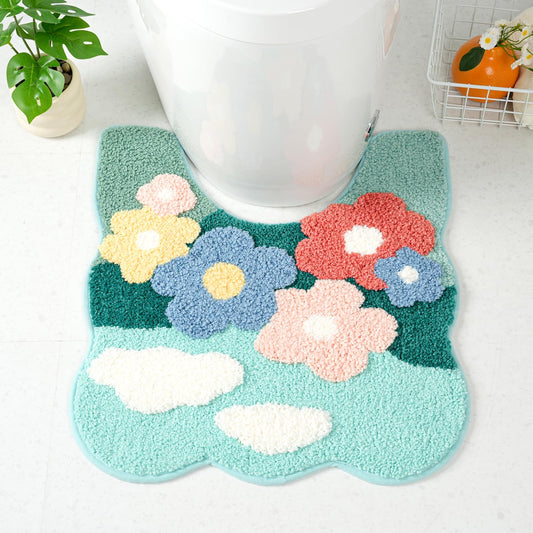 Tyrafry Flowers Toilet Rug U Shaped, Microfiber Bathroom Toilet Rugs Non Slip Bath Mat Toliet Rug Machine Washable Absorbent Bathroom Rugs 20 x 22 Inches, Small White Flowers