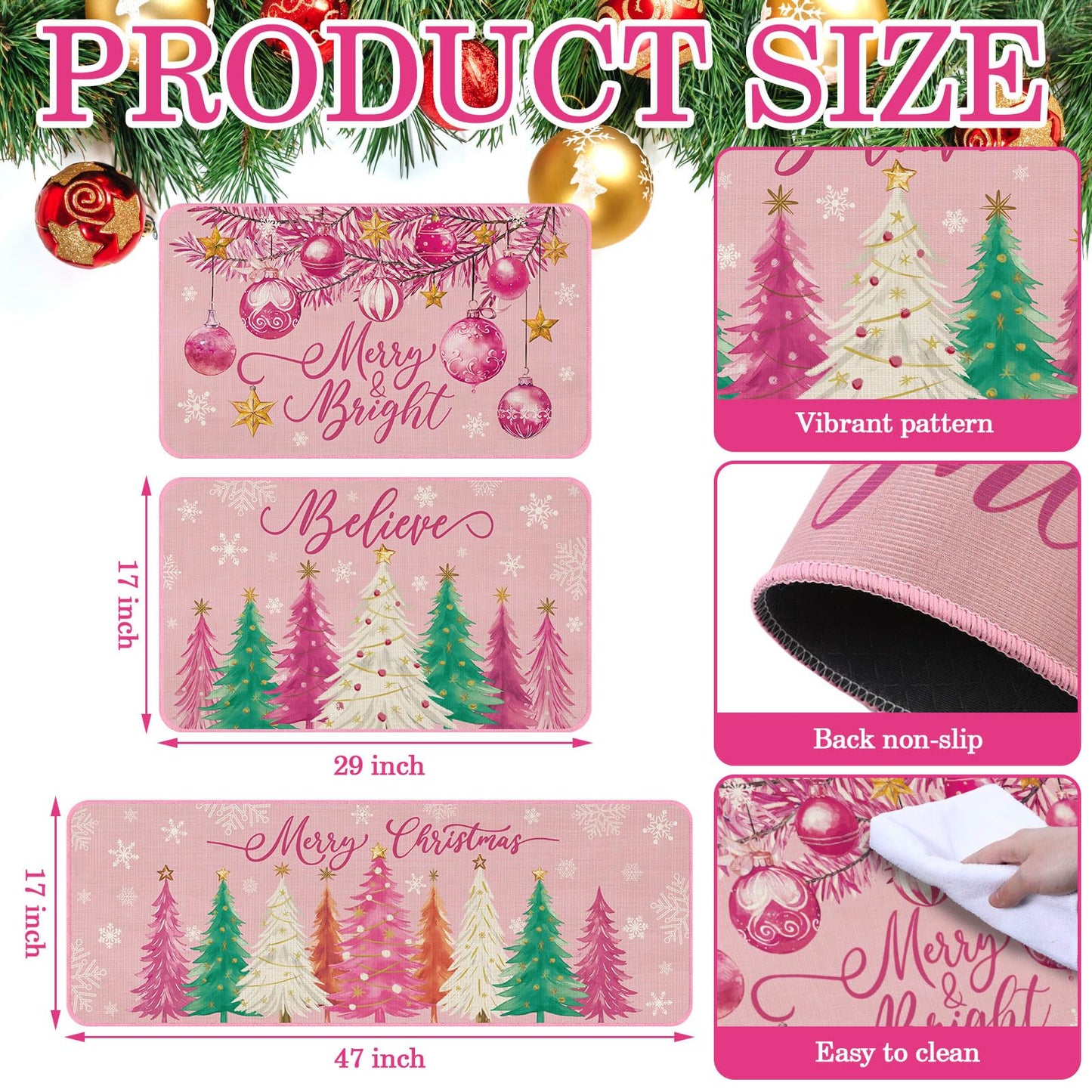 Drydiet 3 Pcs Christmas Kitchen Rug and Mat Set Washable Pink Xmas Tree Kitchen Floor Mats Waterproof Non Slip Farmhouse Merry Christmas Doormat Holiday Xmas Decor for Home Office Bathroom Party Decor
