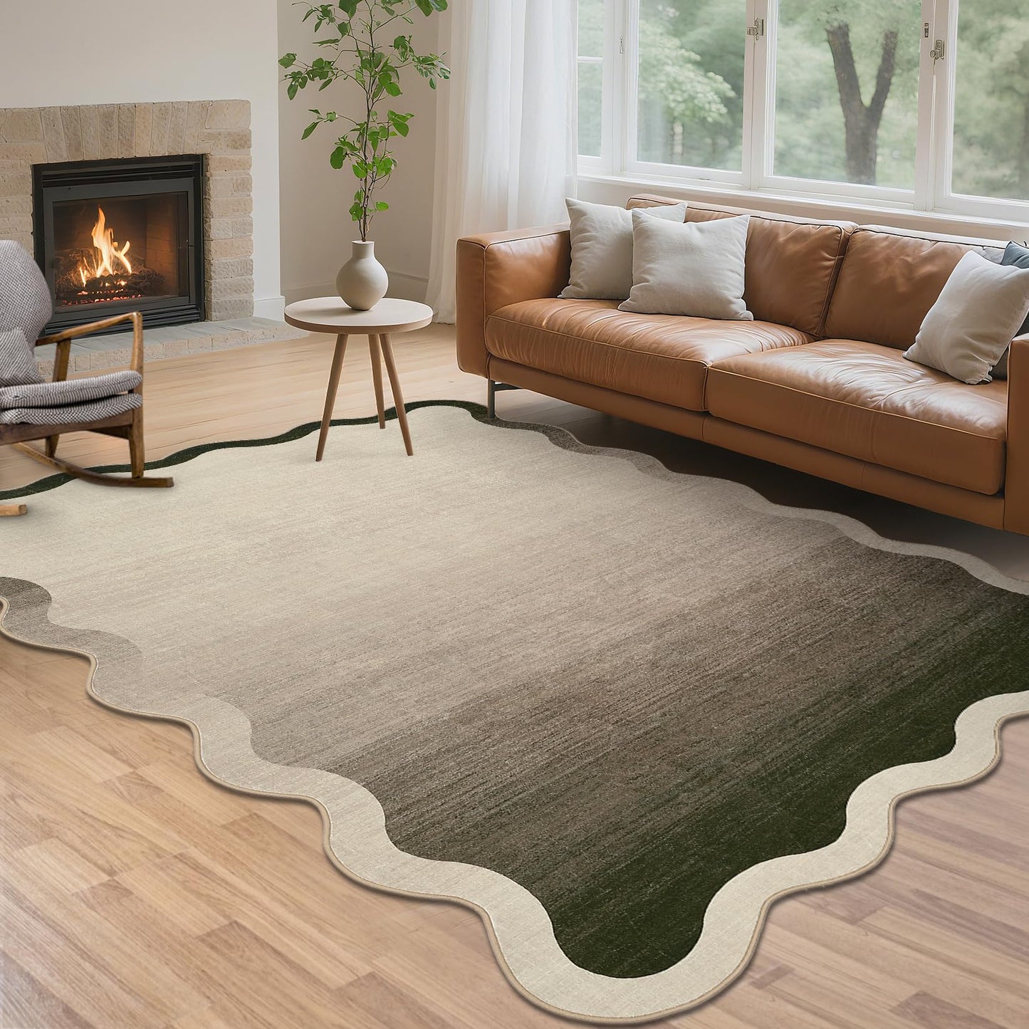 LUXLOOM Large Scalloped Rug 9x12 Non-Slip Contemporary Accent Rugs for Living Room Washable Non-Shedding Ultra-Thin Floor Cover Modern Ombre Indoor Carpet for Bedroom Nursery Kids Room Office Camel