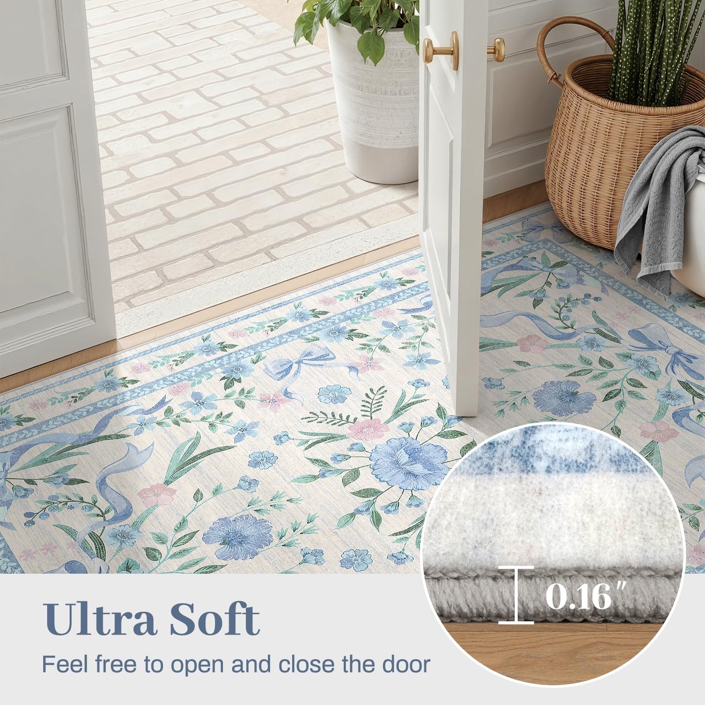 Blue Floral Rug 5x7 for Girls Bedroom or Nursery, Cute Bow Washable Area Rug, Ultra-Thin Non Slip Carpet for Kids Room, Dorm or Playroo