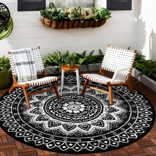 Round Outdoor Rugs for Patios, 6Ft Waterproof Reversible Plastic Straw Mat with Carry Bags, Boho Lightweight Outdoor Carpet Portable Round Floor Mat for Patio Camping Picnic Backyard RV,Black & White