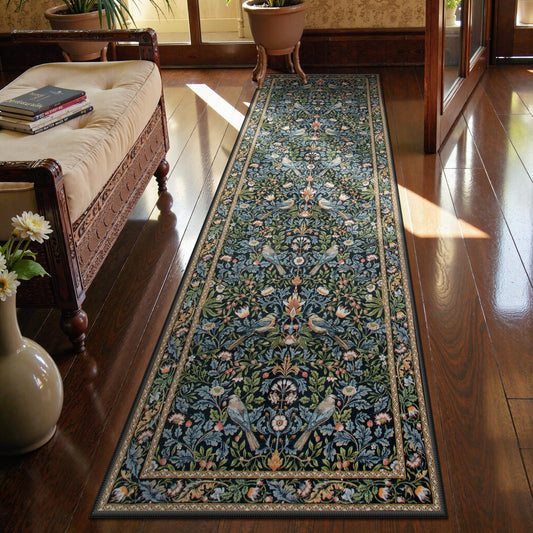 Morebes Floral Carpet Runners for Hallway 8ft Non Slip, Boho Flower Washable Runner Rug 2x8, Botanical Birds Indoor Floor Carpet Runner for Kitchen Laundry Bath Room, Navy Blue
