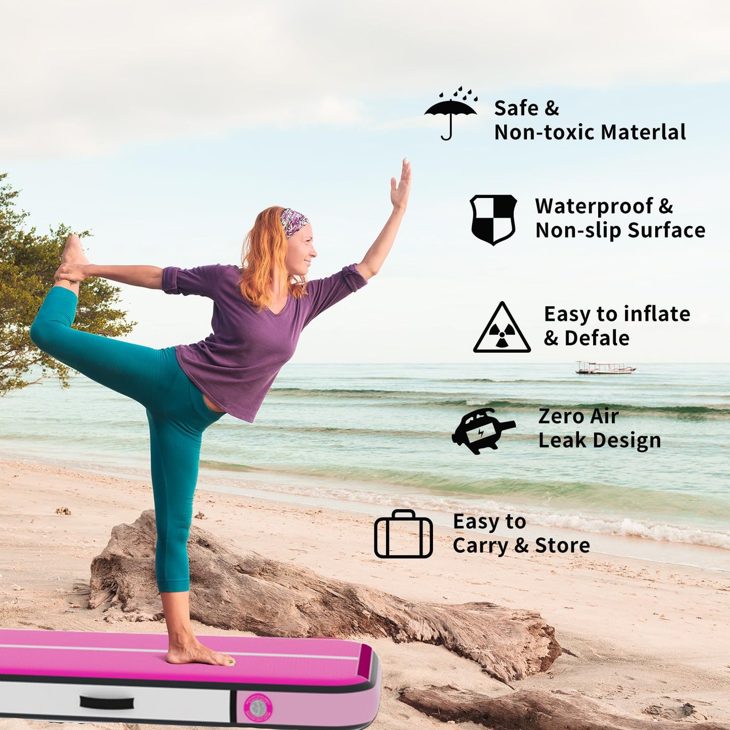 Inflatable Gymnastics Mat Tumble Track (8 Inches Thick) - 10ft Air Floor Training Mats for Home Use, Cheerleading, Water Fun & Camping - Includes 500W Electric Pump & Carbon Pattern Design, Pink