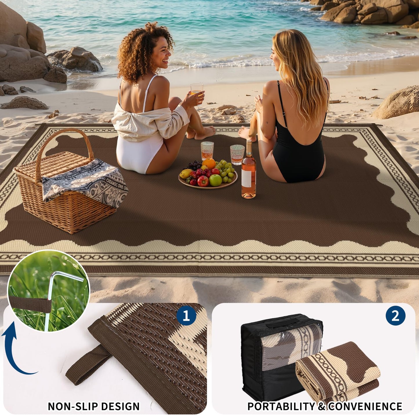 Garvee Outdoor Rug 5x8 Scalloped Waterproof Patio RV Outdoor Rugs Reversible Foldable Plastic Straw Rug Modern Camping Carpet for Deck Camper Porch Balcony Backyard Picnic Beach Brown