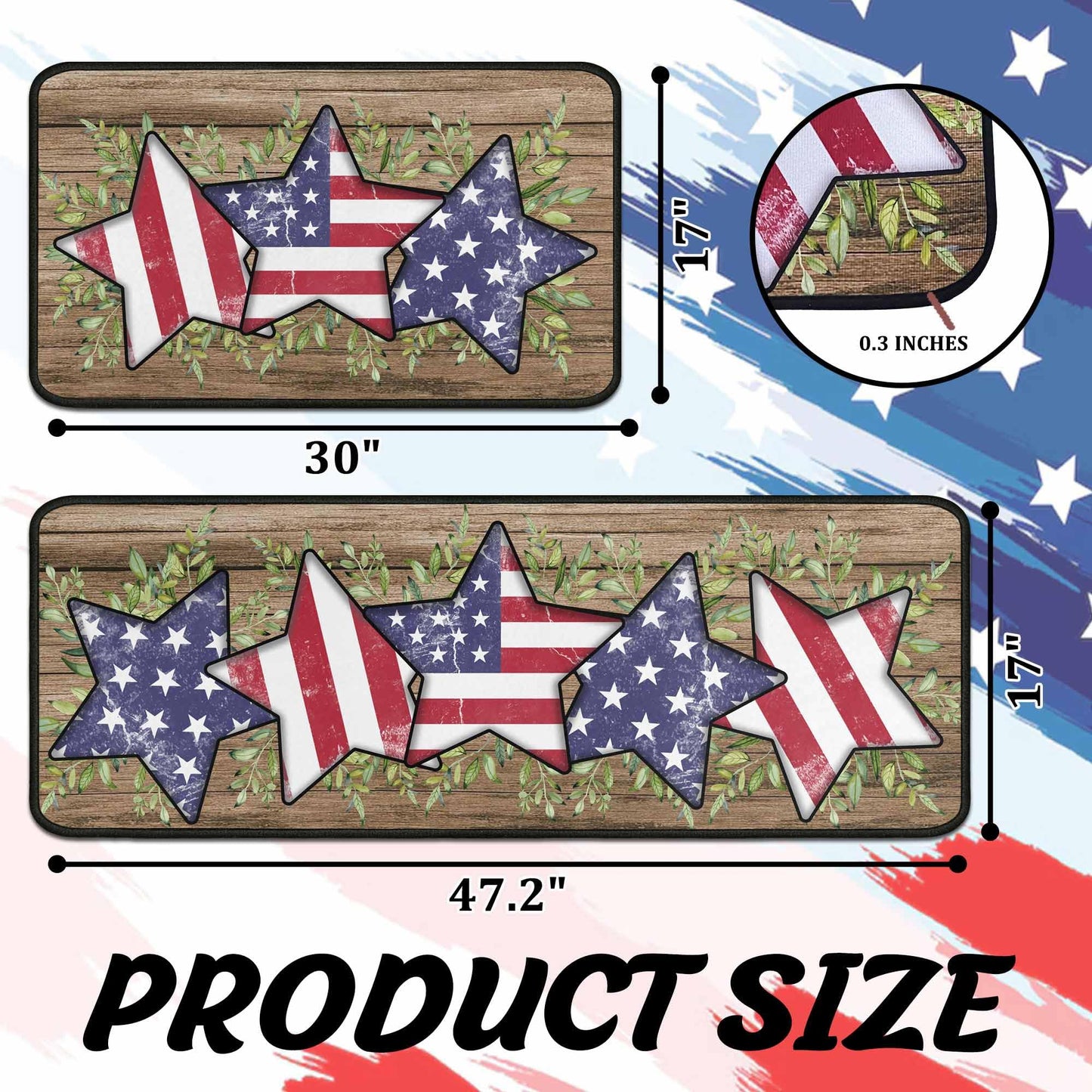 4th of July Kitchen Rugs Set of 2, Blue American Flag Stars Rug Forth of July Decorations Non Slip Backing Patriotic Kitchen Mats for Floor Memorial Day Home Decor (4th of July 2, 17"x47.2"+17"x30")