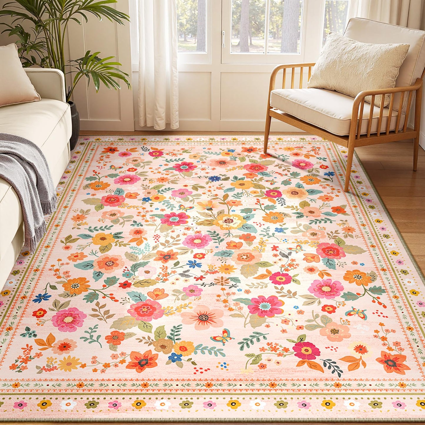 5x7 Area Rugs, Washable Floral Rug, Low Pile Non-Slip Carpet, Flower Rug for Living Room Bedroom Hallway Entryway Kitchen Office, Pink Beige