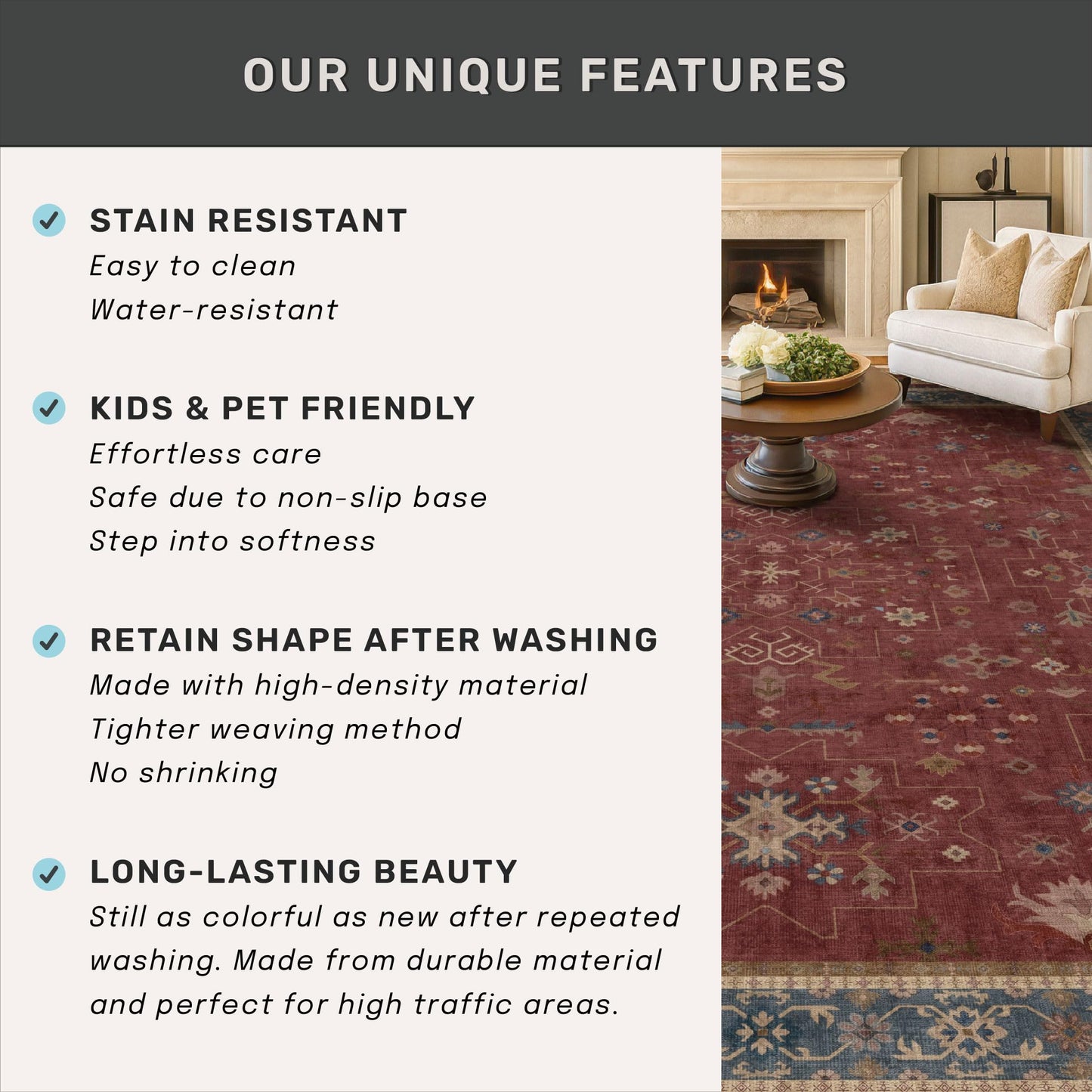 Turkish 4x6 Rug for Living Room Small - Area Rug for Kitchen, Bedside, Foyer Large Entryway Indoor - Washable Stain Resistant Non Slip, Unique Victorian Art Deco, Maroon & Burgundy