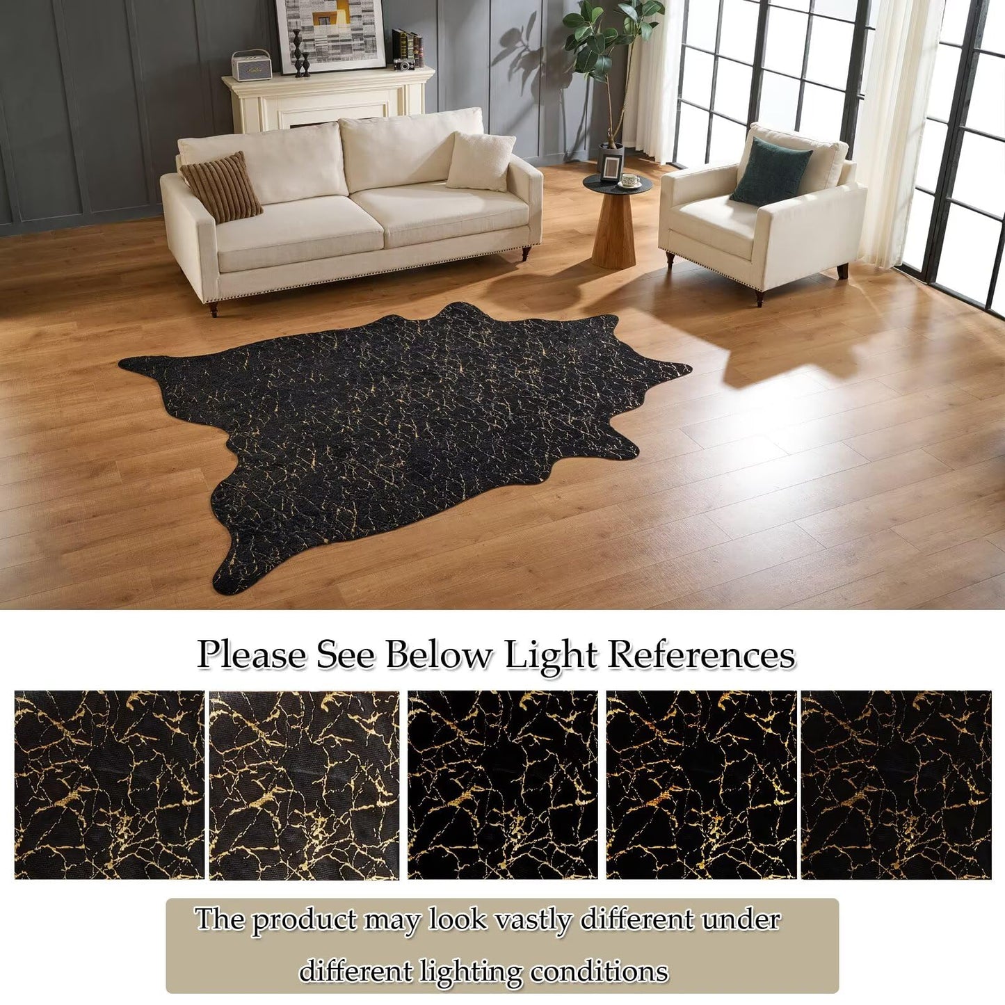 Premium Faux Fur Cowhide Rug,Large Carpet Non-Slip Cow Print Rugs,Suitable for Bedroom Living Room Western Decor,Faux Fur Animal Cow Hide Carpet-Black and Gold-6.3 * 9FT(75 * 110inch)