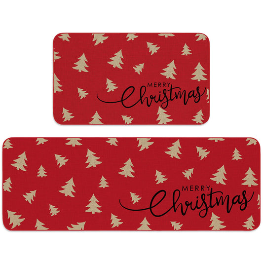 FYSUIMU Christmas Kitchen Rugs Set of 2 Merry Christmas Kitchen Mat Floor Mats Non-Slip Red Beige Xmas Tree Door Rugs for Xmas Winter Holiday Home Decor, 17 x 29 in, 17 x 47 in