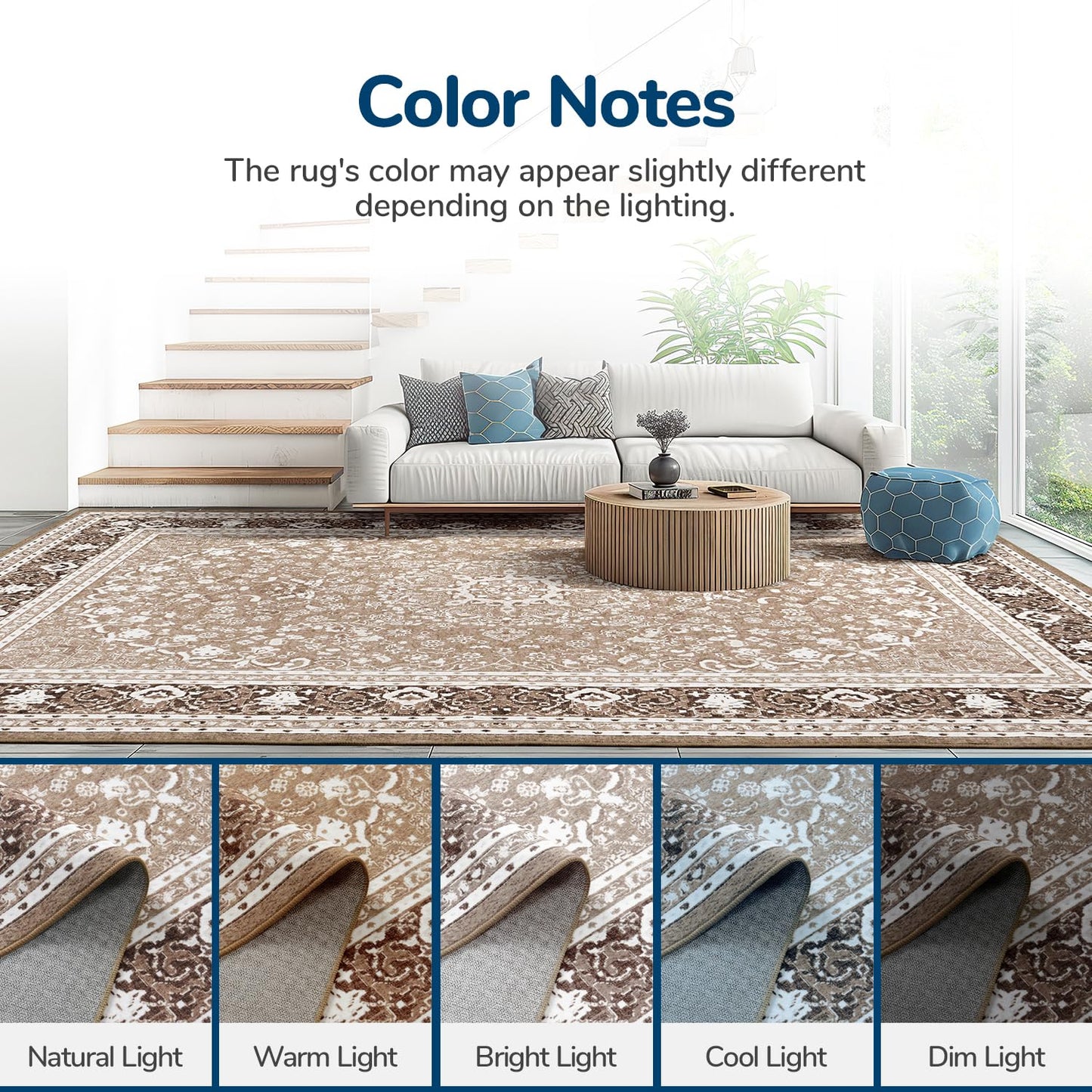 Lessymo 5x7 Area Rugs 5x7, Machine Washable Area Rugs, Super Soft Faux-Wool Area Rug for Living Room Bedroom, Boho Area Rug Vintage Floral Medallion, Non-Slip Low Pile, Kid & Pet Friendly,Brown White