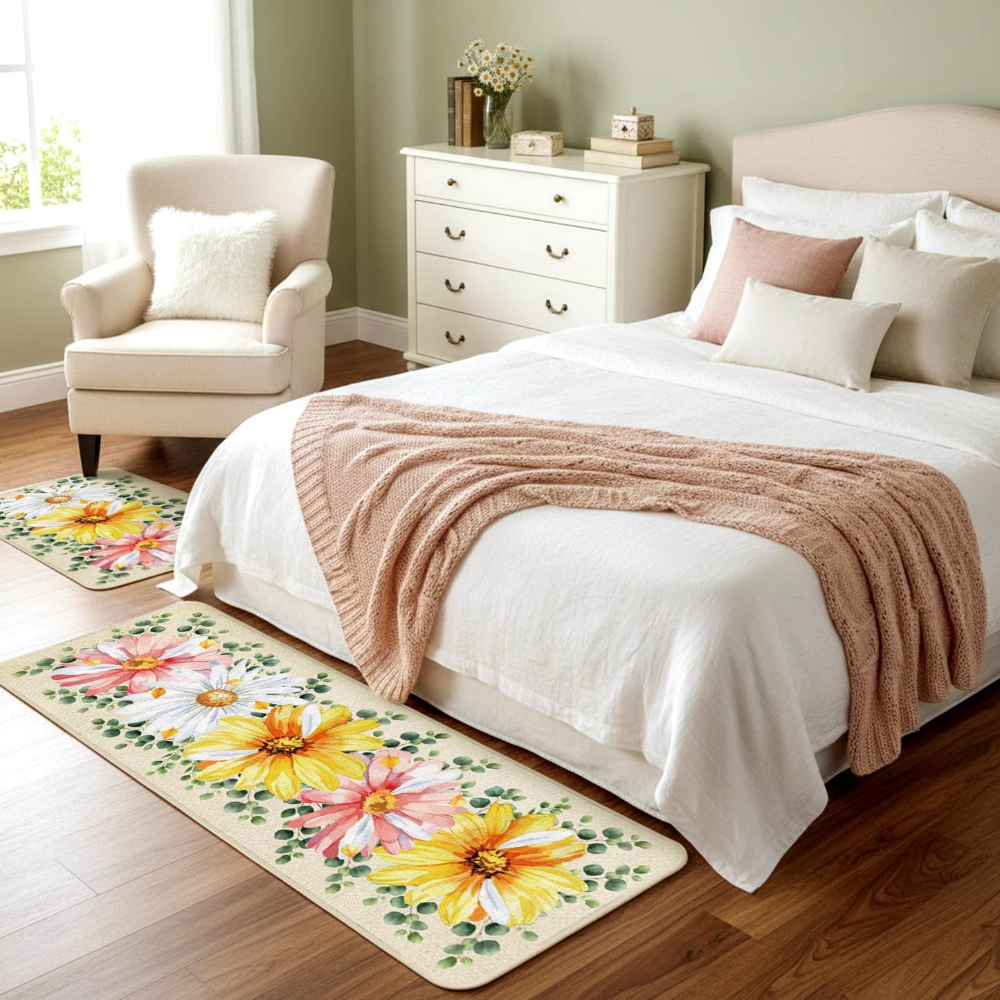 Bencailor 3 Pcs Spring Kitchen Rugs and Mats Set Daisy Non Slip Farmhouse Spring Cabin Mats for Floor Home Bathroom Decor
