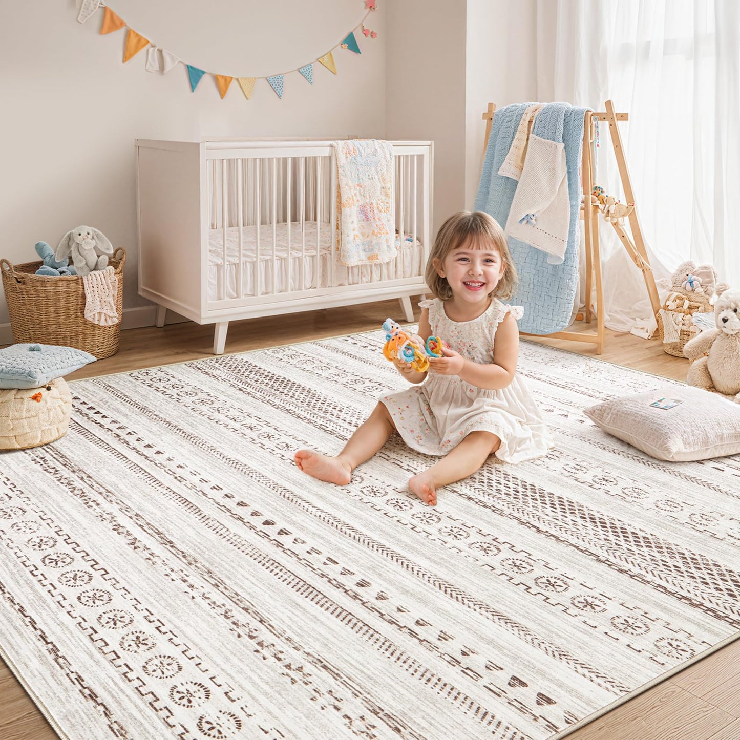 kakania 9x12 Washable Area Rug: Non Slip Soft Thin Carpet, Boho Geometric Modern Decor, Easy Clean Indoor Floor Large Rugs for Living Room Bedroom Kids Dorm Office Dining - Brown