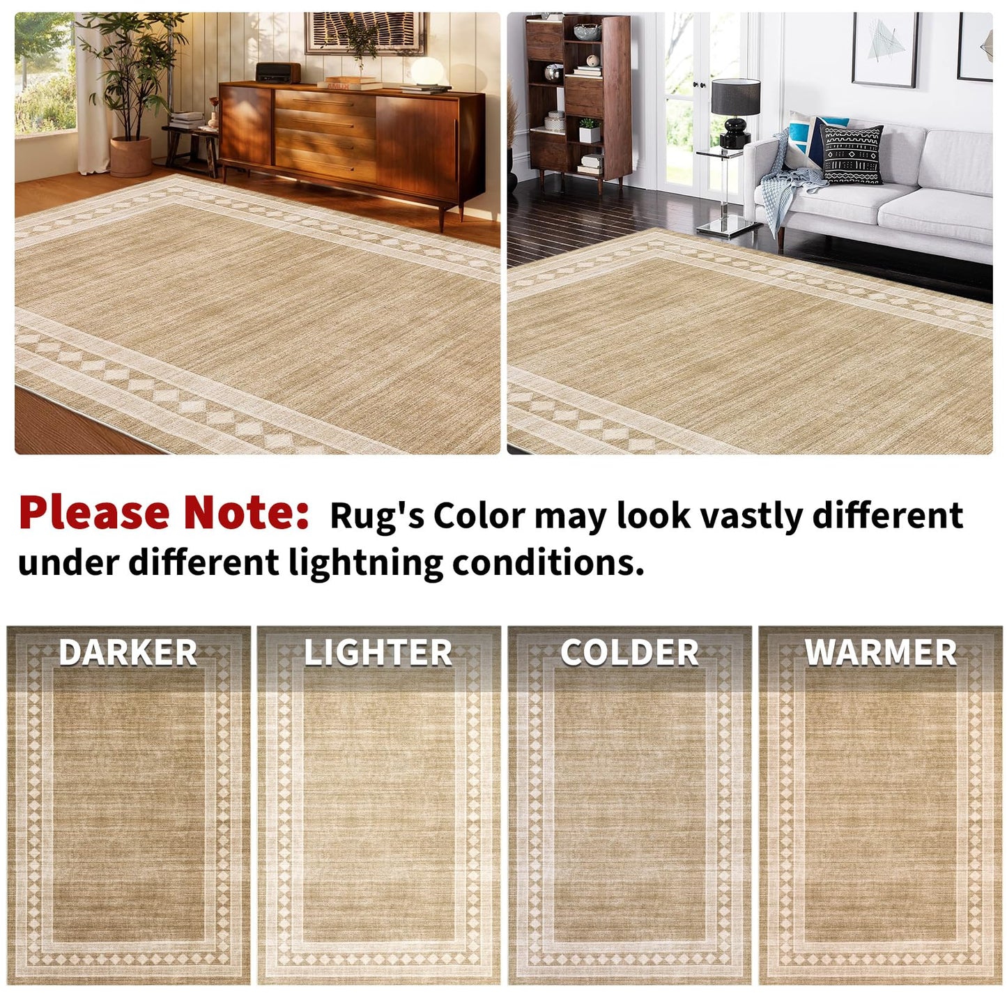 GlowSol Washable 6x9 Rugs Solid Bordered Area Rug for Living Room Bedroom, Soft Geometric Neutral Throw Rug Non Slip Low Pile Stain-Resistant Carpet for Dining Room Table Home Office,Jute Color