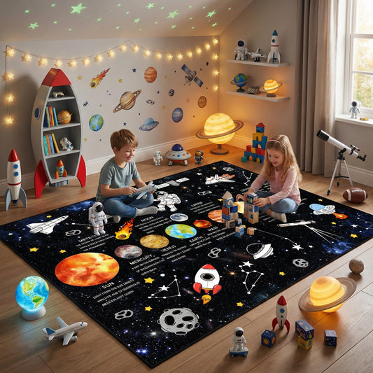 5x7 Ft Space Kids Rug for Boys Room, Playroom, Classroom, Nursery, Daycare, Educational Non-Slip Play Mat Carpet for Children Toddler Leaning Solar System, Washable & Soft Galaxy Star Rug-Faux Wool