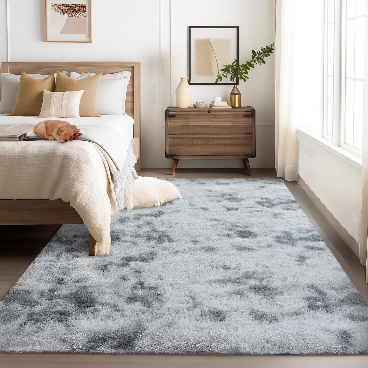 Garvee 8'x10' Oversized Fluffy Area Rug, Tie-Dye Luxury Shag Carpet for Living Room, Large Fuzzy Plush Rug for Basement & Family Room, Non-Slip, Bedroom Decor, Tie-Dyed Light Grey