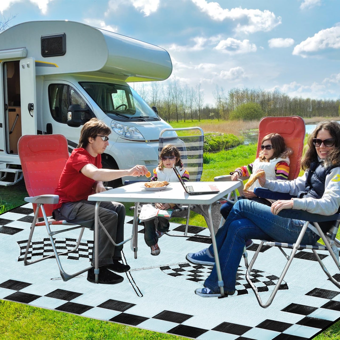 EEZ RV Products 9'x18'cf Heavy Duty Reversible/Durable Outdoor RVing/Boondocking Mats (9ft x18ft Black & White Checker Flag) Come with Large Storage Bag & 6 Sets of Stakes and Washer