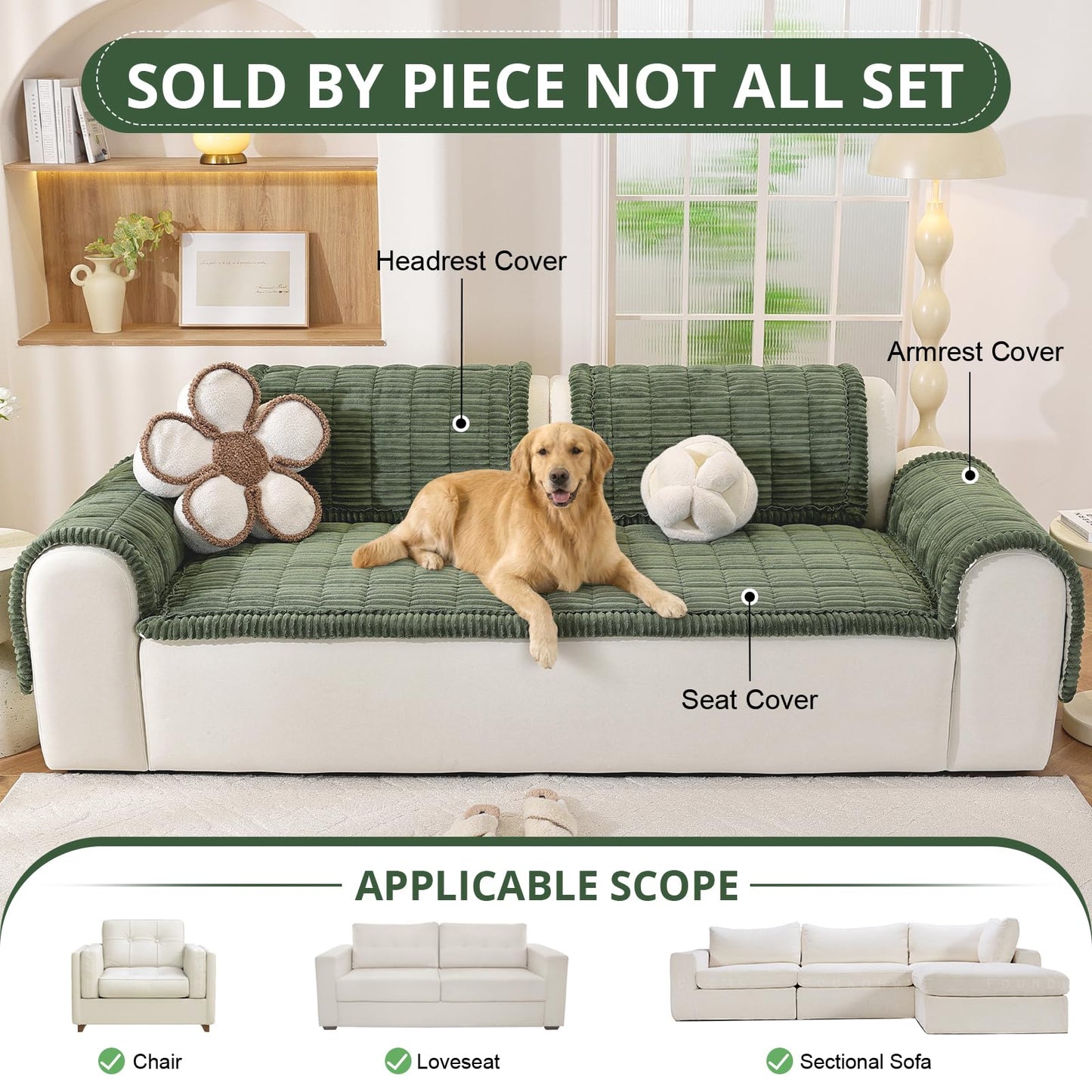 OstepDecor Couch Cover for Dogs, Washable Non Slip Sofa Cover for Pets, Soft Couch Covers for Sofa, Loveseat and Sectional, Furniture Protector Against Pet Hair & Scratches (27.6" x 27.6", Moss Green)