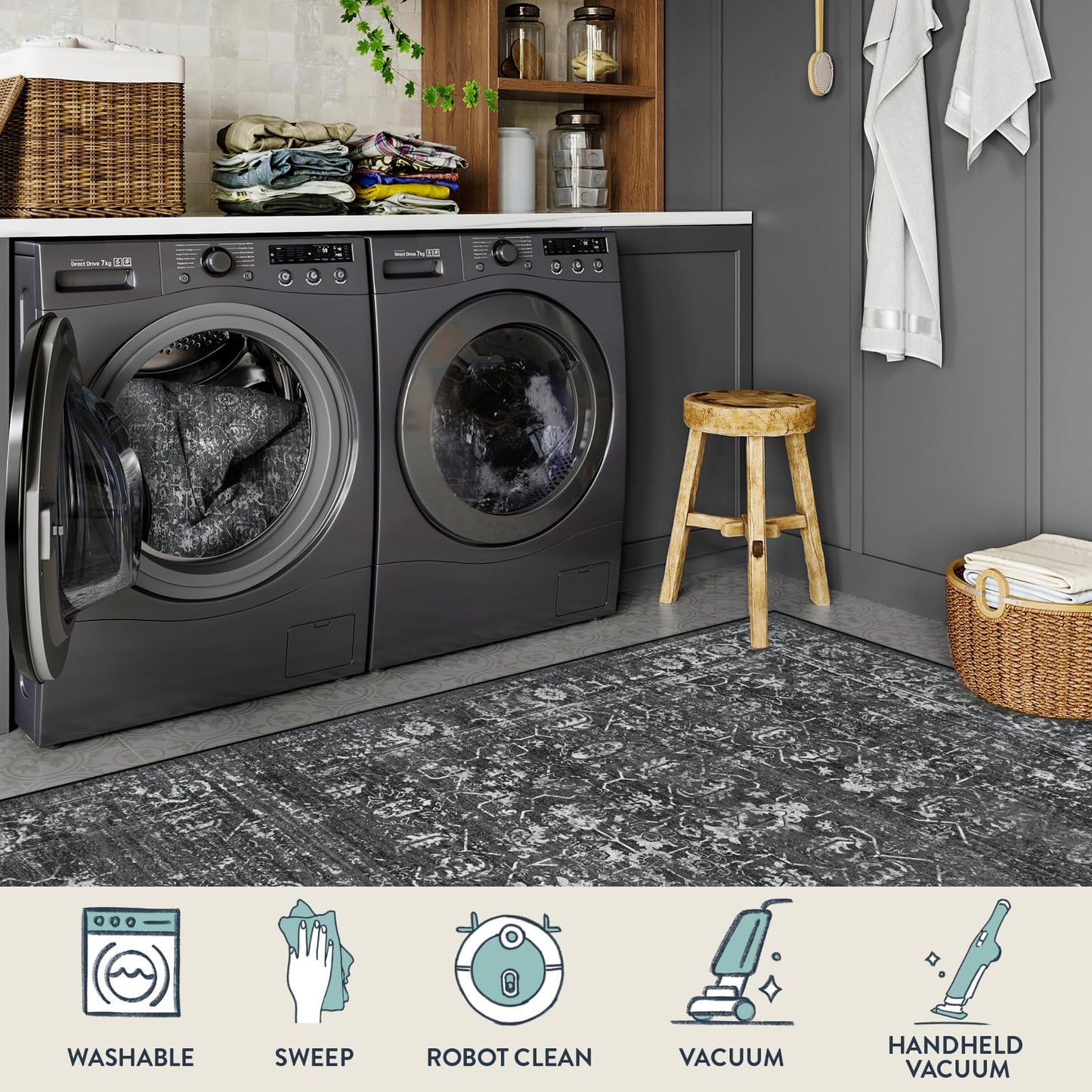 Lahome Margot Area Rugs 9x12 Living Room Soft Large Rugs for Bedroom, Boho Black Dining Room Rug, Distressed Non Slip Low Pile Carpet for Indoor Home Office(9'x12', Black/Grey)
