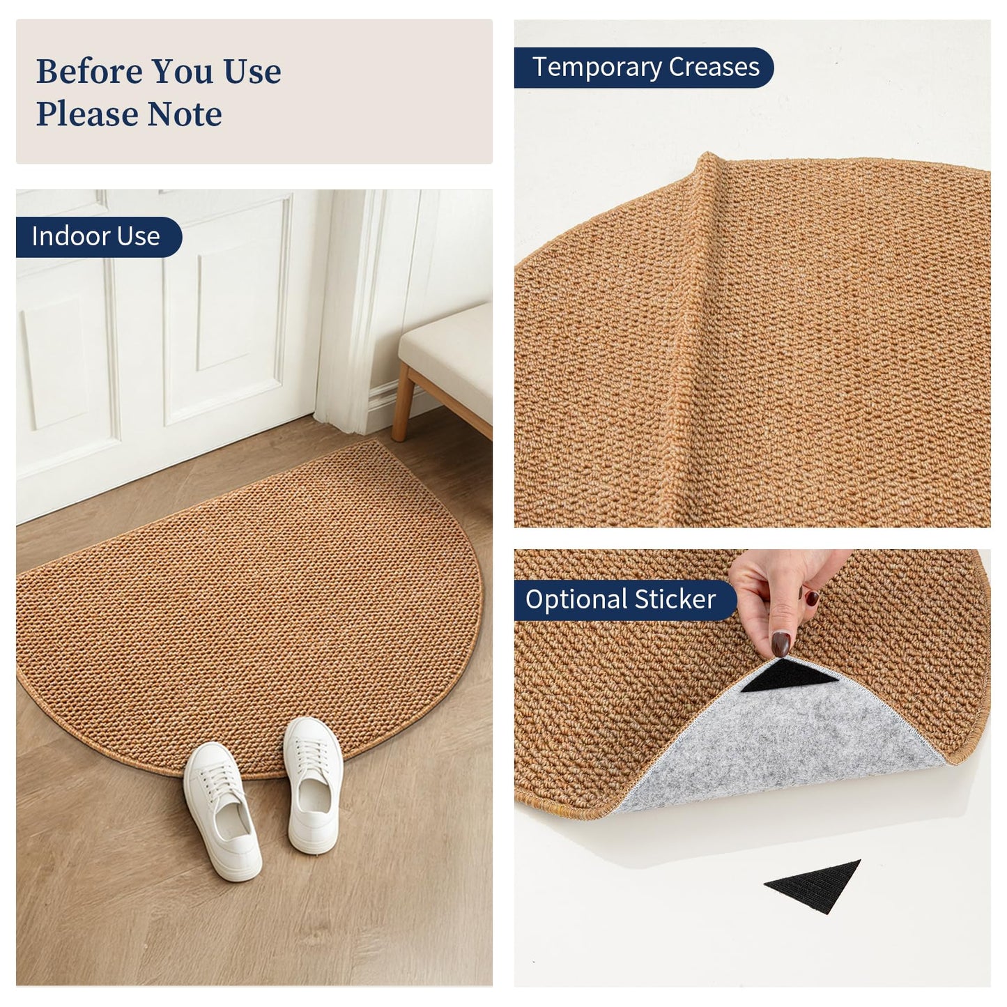 YIHOUSE Half Circle Door Mat, Light Brown, 20" x 31"