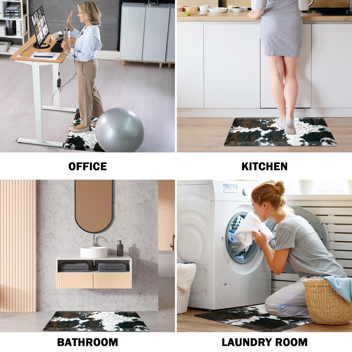 Tyrot Cowhide Kitchen Mat Cushioned Anti Fatigue - 1/2 Inch Thick Western Cow Kitchen Mats for Floor, Non Slip PVC Waterproof Standing Desk Ergonomic Comfort Rugs for Sink, Office, Laundry, 17.3x47