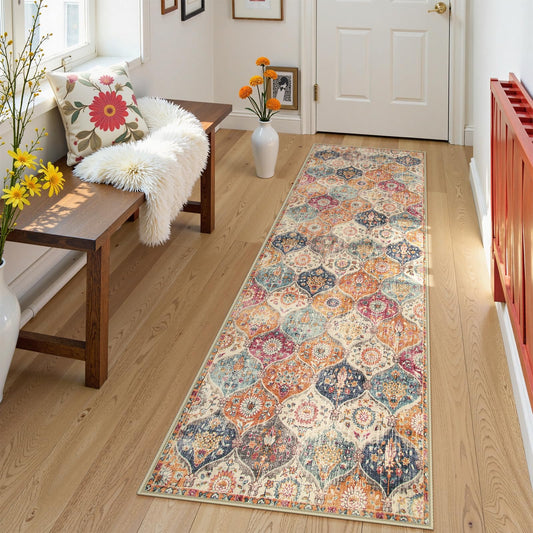 Lahome Moroccan Trellis Washable Runner Rug, 2x6 Kitchen Runners for Hallways 6 Feet Non Slip, Vintage Laundry Room Rug Ultra-Thin Carpet for Bathroom Bedroom Entryway Elise, Cream/Multi