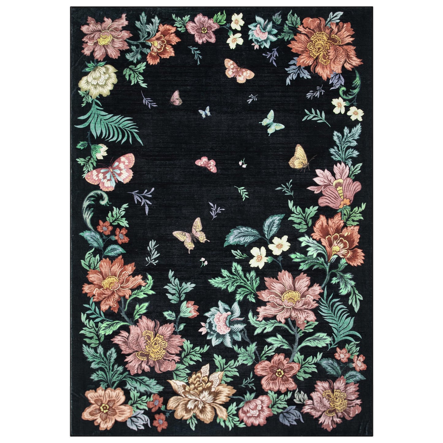 IDEALHOUSE Washable Area Rug, Soft Pearl Velvet Carpet, Non Slip Low Pile, Stain Resistance, Machine Washable Foldable Rug, Floral Pattern Modern, for Living Room, Bedroom, Dining Room, Black