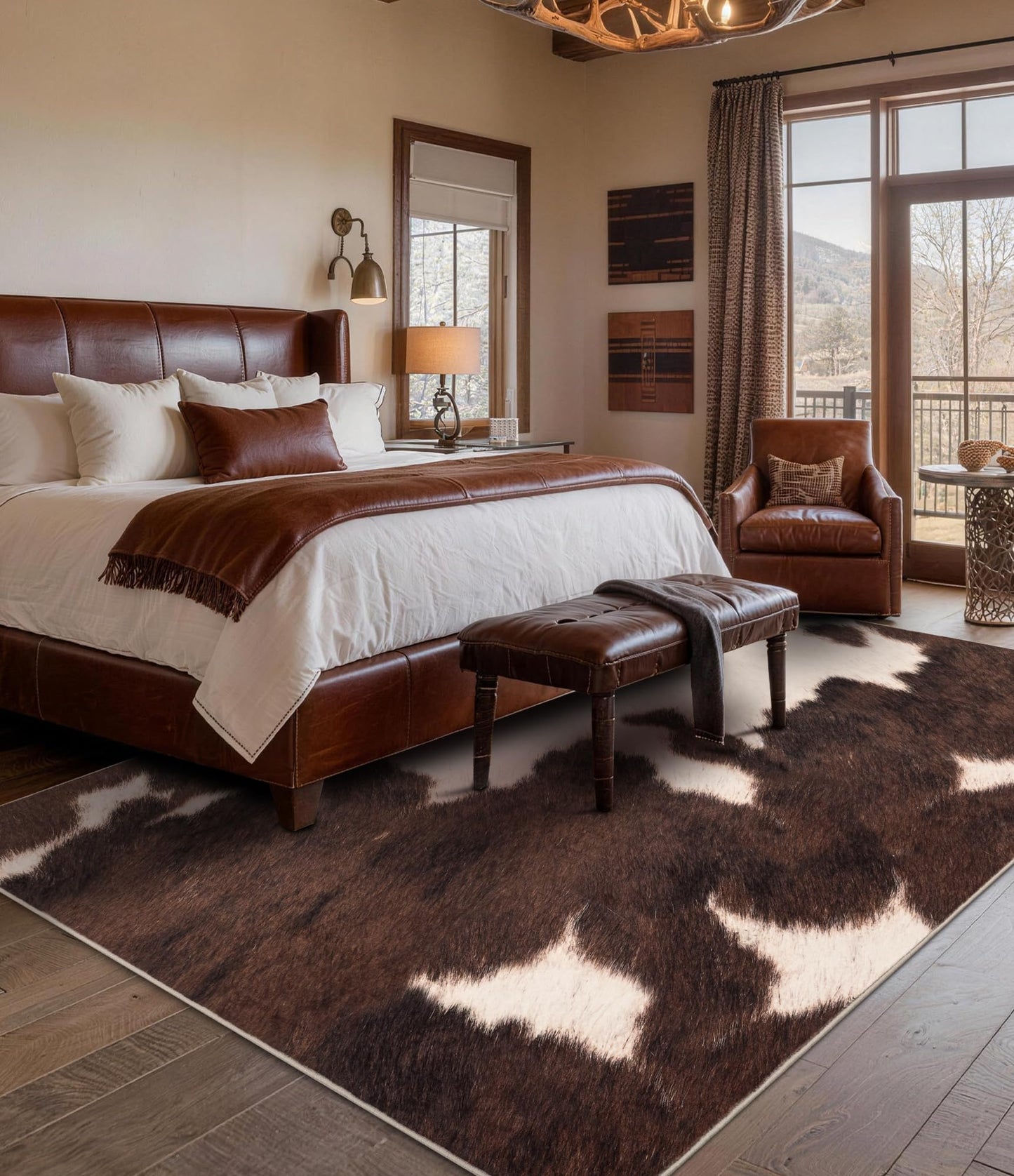 YIHOUSE Cowhide 5x7 Area Rug, Brown Cow Rugs for Living Room, Soft Low-Pile Washable Rug, Western Rustic Faux Animal Print Rugs for Bedroom, Dining Room