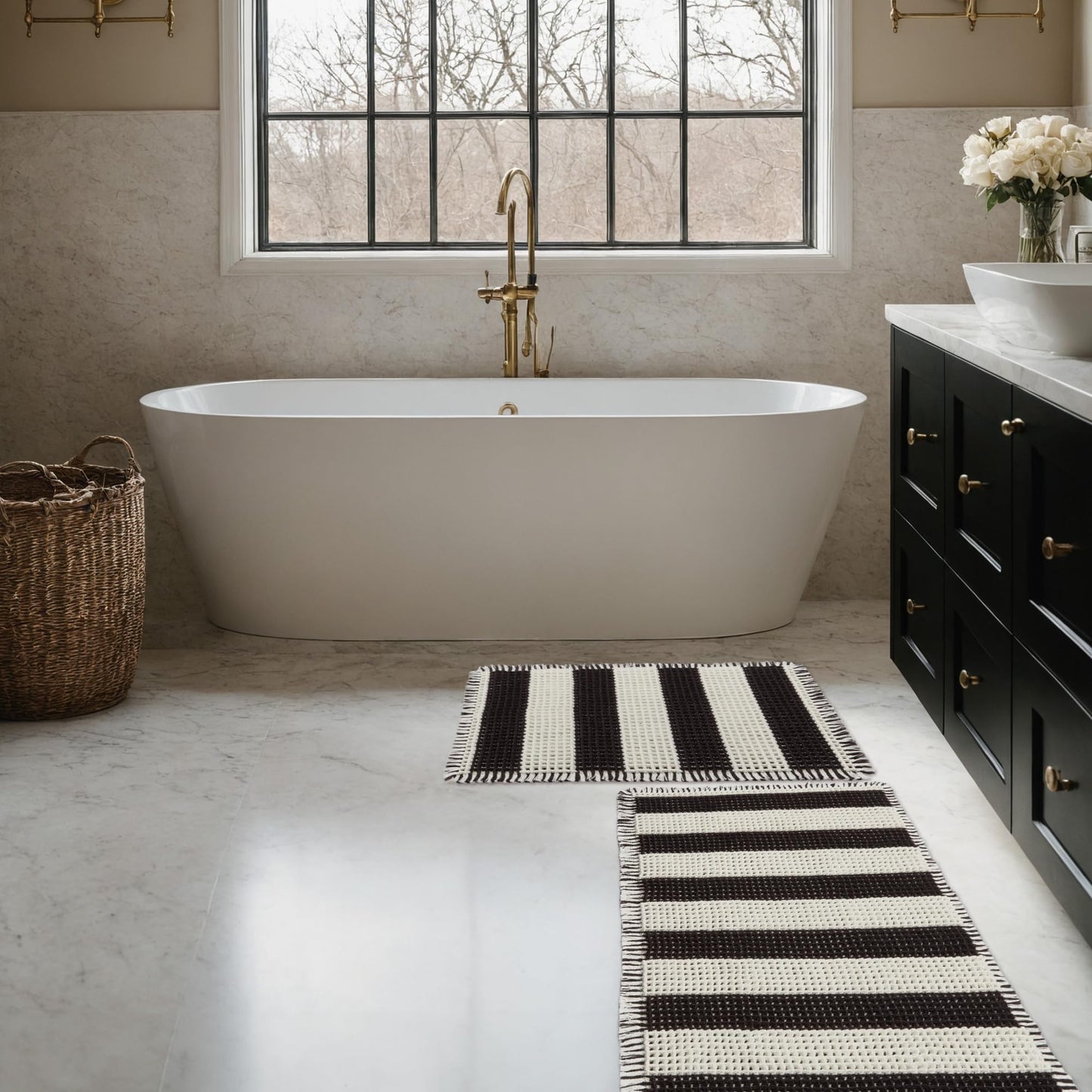 MatEssenz Bathroom Rugs Sets 2 Piece Absorbent Quick Drying Machine Washable,Non Slip, Bathroom Accessories, 17"x24"+18"x30", Black and White Stripes