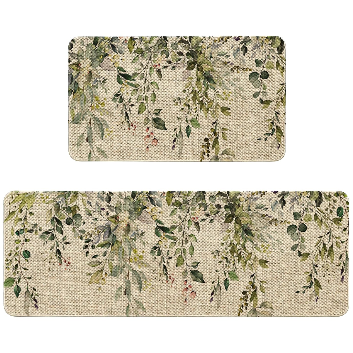 HSOWKDN Sage Green Eucalyptus Spring Kitchen Rugs Sets of 2 Non Slip Washable, Botanical Leaves Summer Spring Kitchen Mats for Floor 2 Piece Home Decor