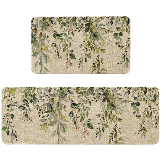 HSOWKDN Sage Green Eucalyptus Spring Kitchen Rugs Sets of 2 Non Slip Washable, Botanical Leaves Summer Spring Kitchen Mats for Floor 2 Piece Home Decor
