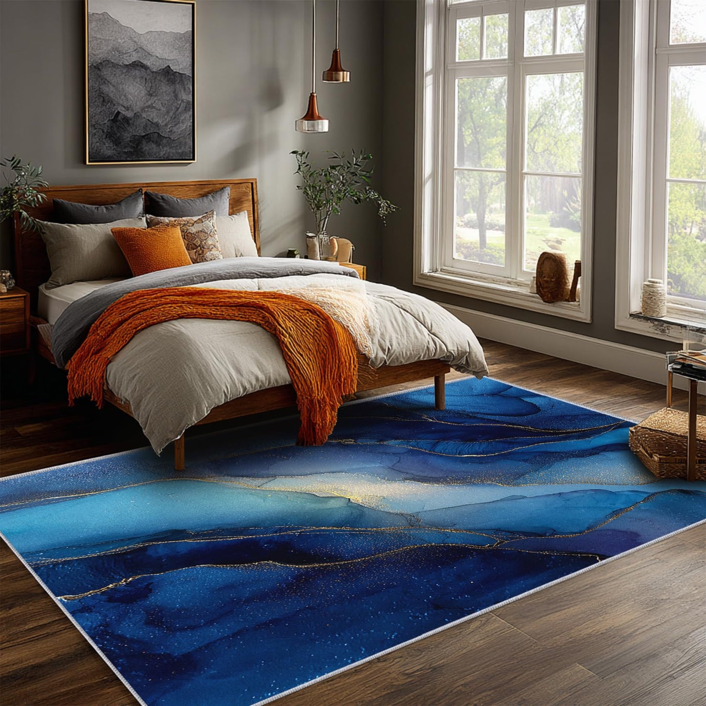 Blue Marble Rugs for Living Room, Modern Abstract Home Decor Indoor Carpet for Bedroom, Washable Marble Area Rugs 3x5 ft, Non-Slip Backing & S504