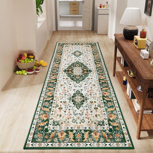 Amearea Vintage Design Runner Rugs for Living Room, 2x6 Machine Washable Floral Collection Traditional Bedroom Rug, Low Pile Cute Kids Room Print Carpet, No Slip Office Kitchen Home Decor, Green