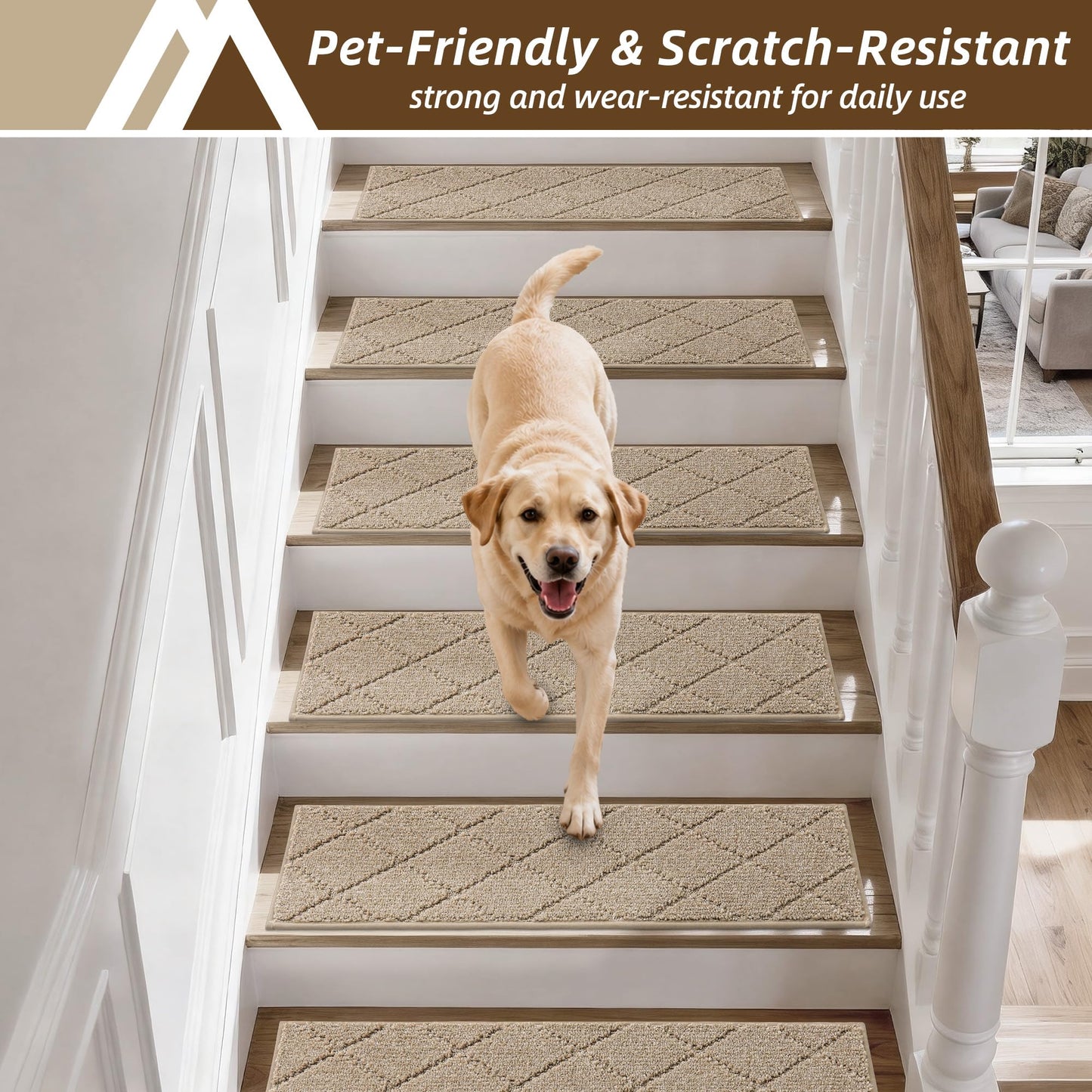 COSY HOMEER Edging Stair Treads Non-Slip Carpet Mat 28inX9in Indoor Stair Runners for Wooden Steps, Edging Stair Rugs for Kids and Dogs, 100% Polyester TPE Backing(4pc, Beige)