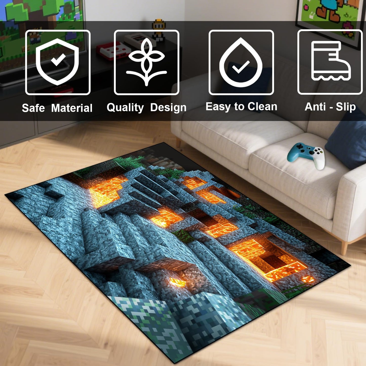 Block Game Rug Teen Kids Carpet, Pixel Games Scene Decoration Mat, Washable Game Rugs for Boy’s Bedroom Living Room Playroom, Non-Slip Children Gaming Area Rugs (Blue Rock Lava, 70" x 55")