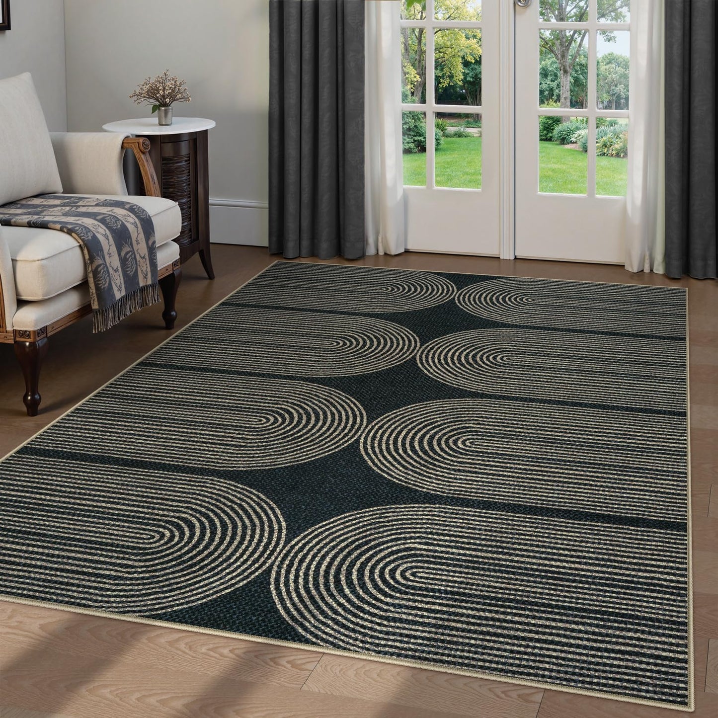LIVEBOX Rainbow Easy Jute Outdoor Rug 5x7, Washable Area Rugs for Living Room Patio Farmhouse Indoor Outdoor Rug, Non Slip Modern Neutral Floor Carpet for Office Backyard Office Foyer (5'x7', Black)